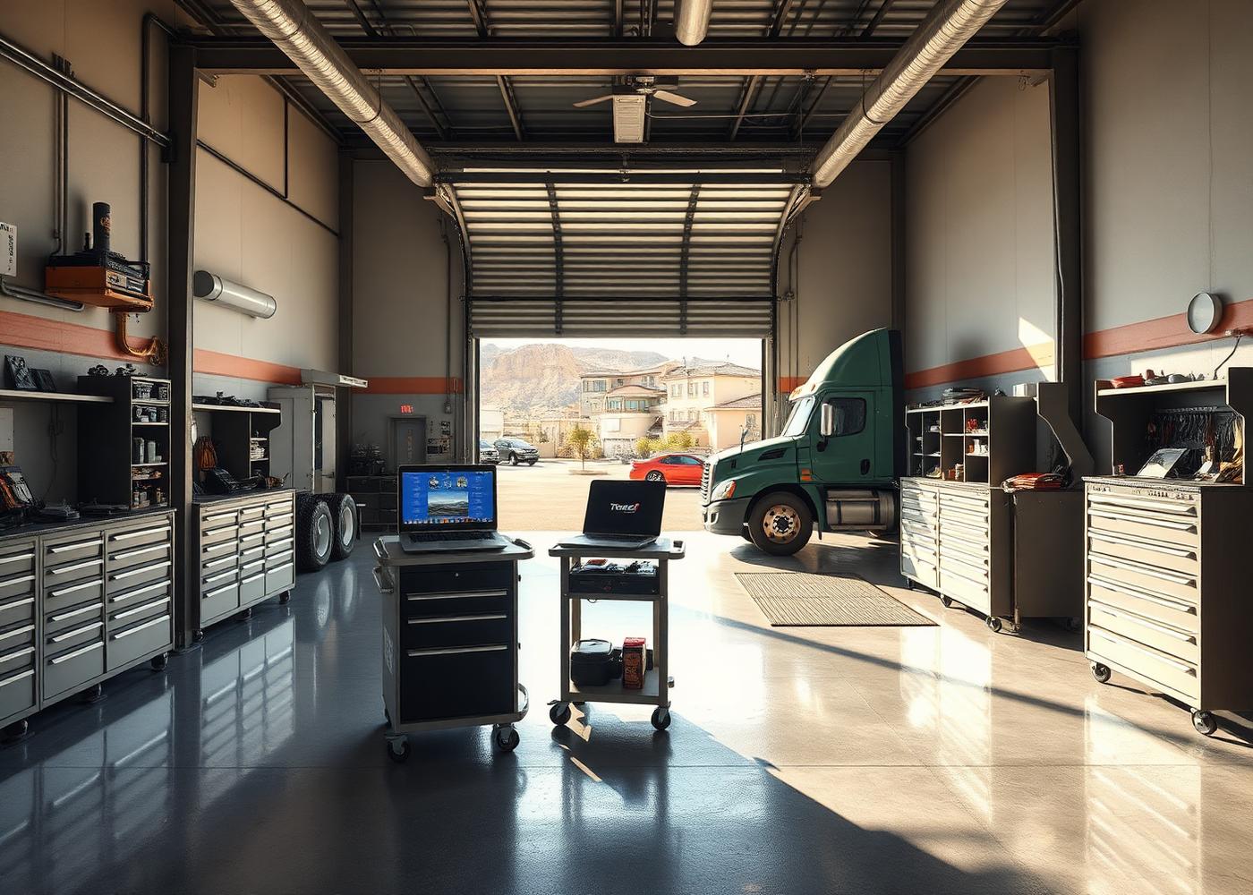 Inside the A&S Diesel repair shop in San Jacinto, California